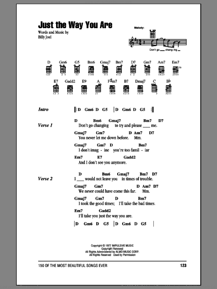 Just The Way You Are sheet music for ukulele (chords) by Billy Joel, wedding score, intermediate skill level