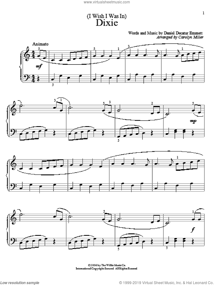 (I Wish I Was In) Dixie sheet music for piano solo (elementary) by Daniel Decatur Emmett, beginner piano (elementary)