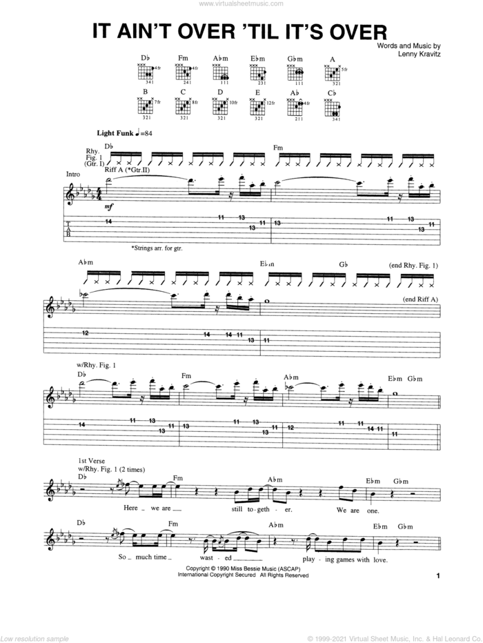 It Ain't Over 'Til It's Over sheet music for guitar (tablature) by Lenny Kravitz, intermediate skill level