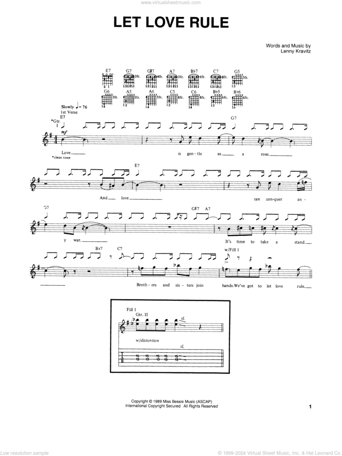 Let Love Rule sheet music for guitar (tablature) by Lenny Kravitz, intermediate skill level