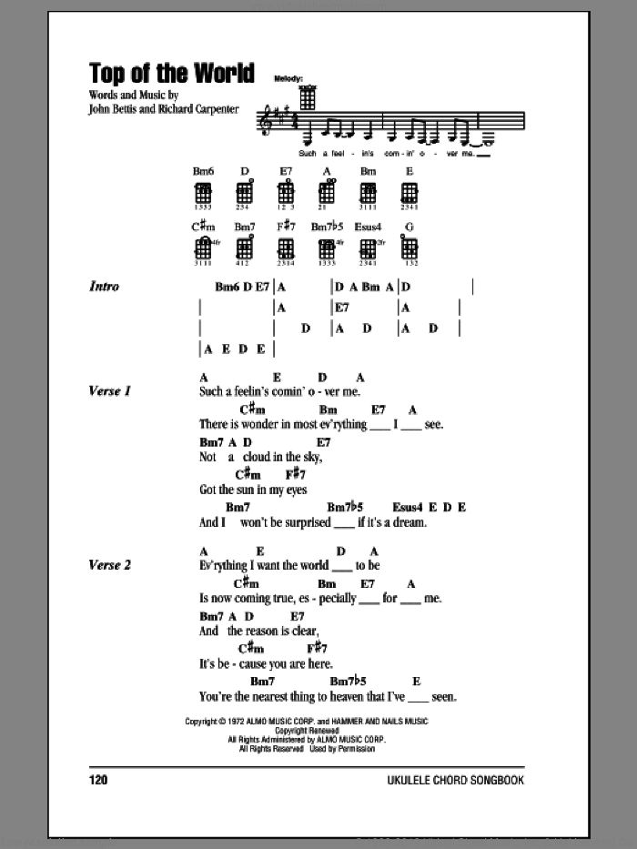 Top Of The World sheet music for ukulele (chords) by Carpenters, John Bettis and Richard Carpenter, intermediate skill level