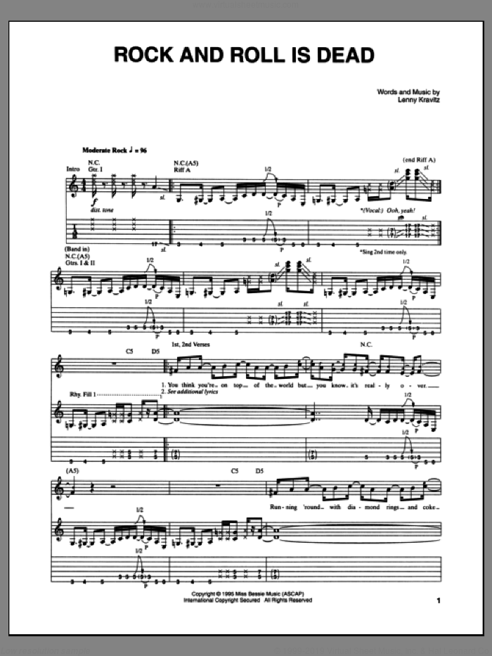 Rock And Roll Is Dead sheet music for guitar (tablature) by Lenny Kravitz, intermediate skill level