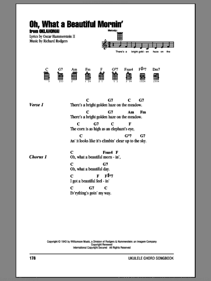 Oh, What A Beautiful Mornin' (from Oklahoma!) sheet music for ukulele (chords) by Rodgers & Hammerstein, Oscar II Hammerstein and Richard Rodgers, intermediate skill level