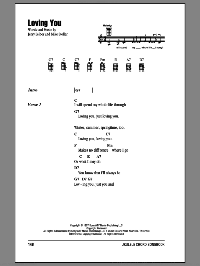 Loving You sheet music for ukulele (chords) by Elvis Presley, Jerry Leiber and Mike Stoller, intermediate skill level