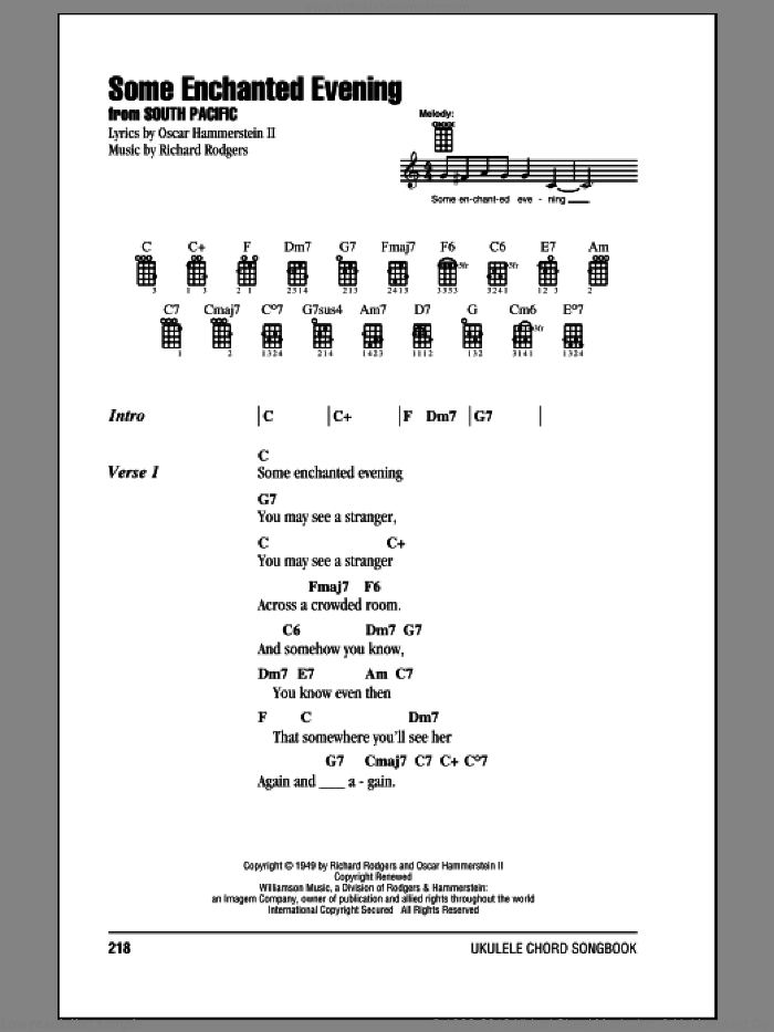 Some Enchanted Evening sheet music for ukulele (chords) by Rodgers & Hammerstein, Oscar II Hammerstein and Richard Rodgers, intermediate skill level