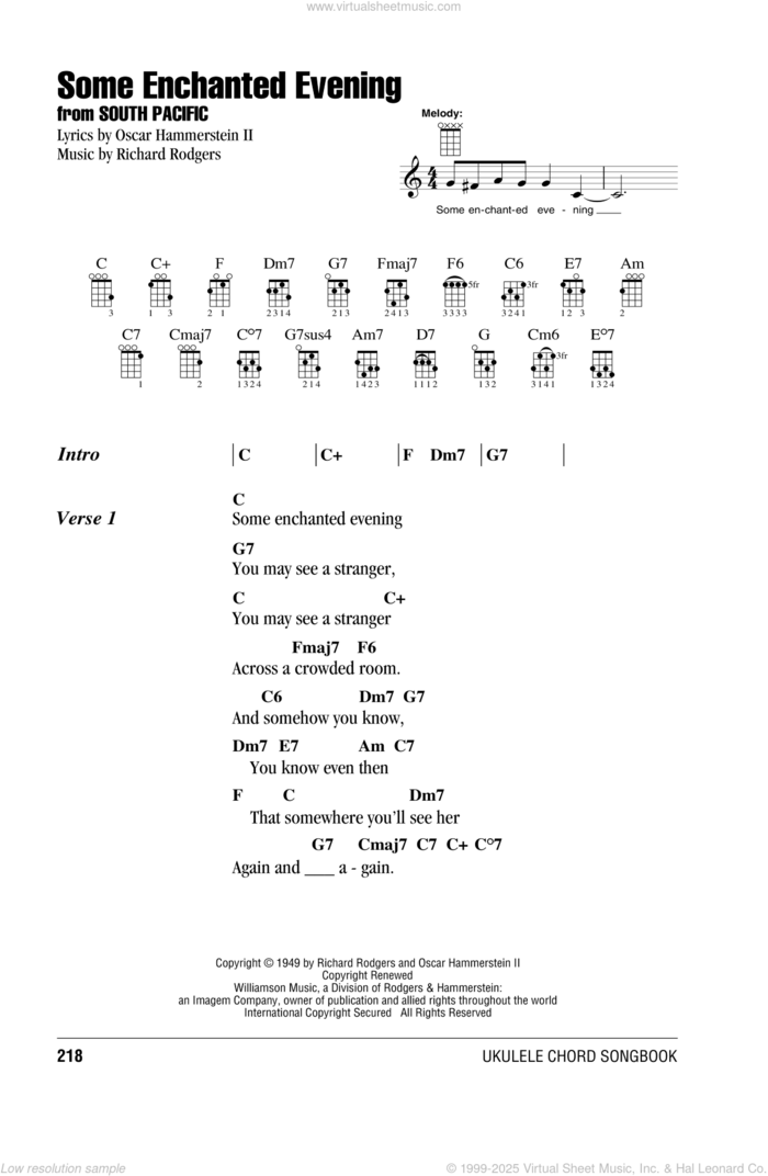 Some Enchanted Evening sheet music for ukulele (chords) by Rodgers & Hammerstein, Oscar II Hammerstein and Richard Rodgers, intermediate skill level