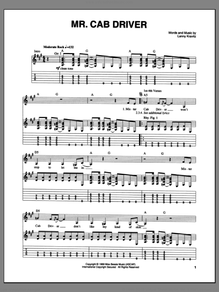 Mr. Cab Driver sheet music for guitar (tablature) by Lenny Kravitz, intermediate skill level
