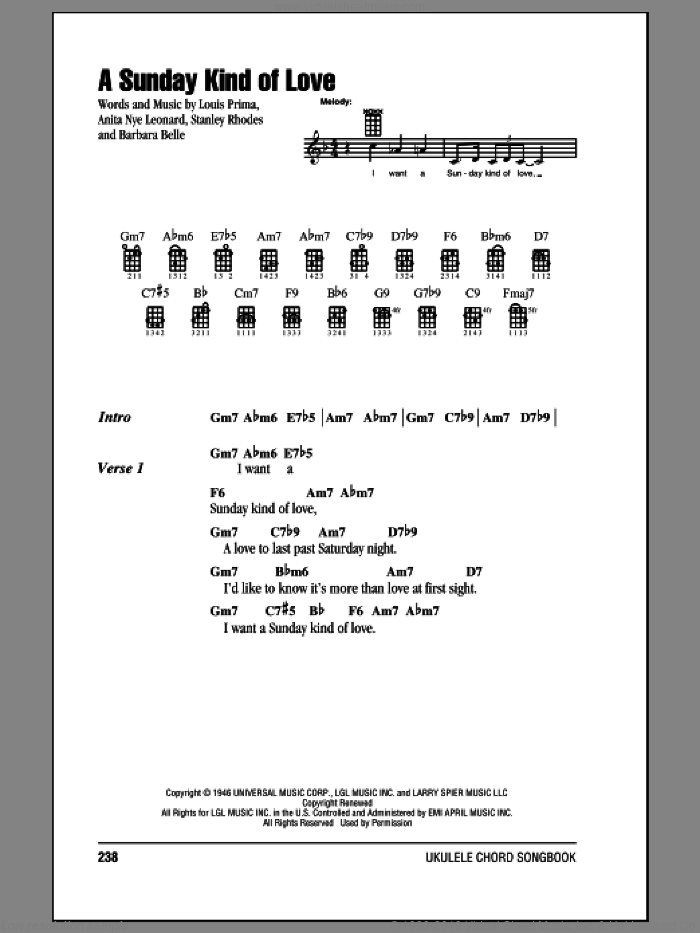A Sunday Kind Of Love sheet music for ukulele (chords) by Reba McEntire, intermediate skill level