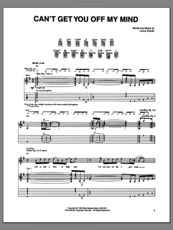 Can't Get You Off My Mind sheet music for guitar (tablature) by Lenny Kravitz, intermediate skill level