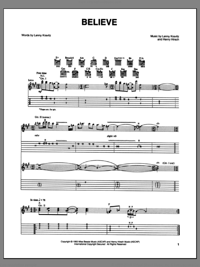 Believe sheet music for guitar (tablature) by Lenny Kravitz, intermediate skill level