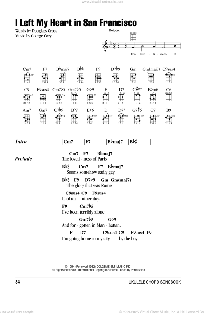 I Left My Heart In San Francisco sheet music for ukulele (chords) by Tony Bennett, Douglass Cross and George Cory, intermediate skill level