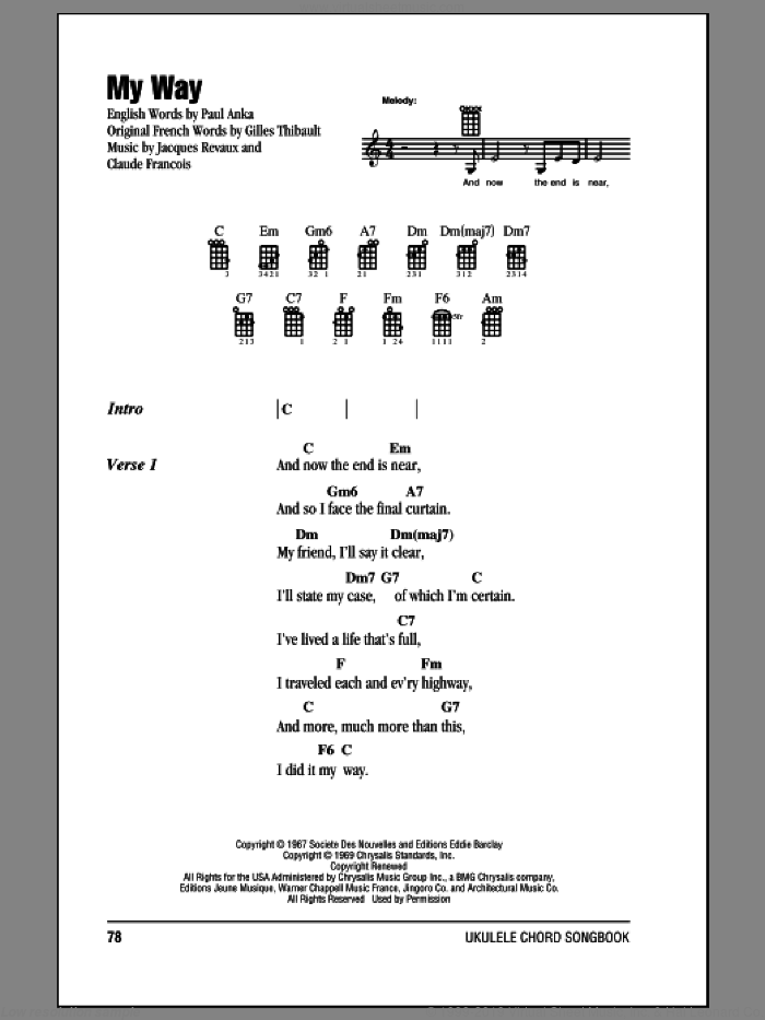 My Way sheet music for ukulele (chords) by Frank Sinatra, intermediate skill level