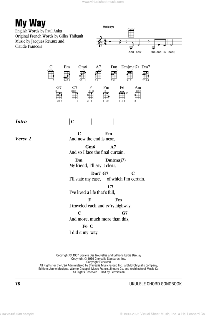 My Way sheet music for ukulele (chords) by Frank Sinatra, intermediate skill level