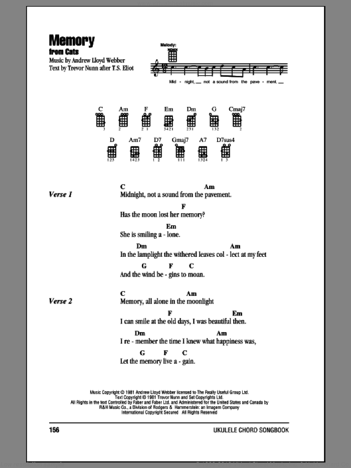 Memory (from Cats) sheet music for ukulele (chords) by Andrew Lloyd Webber and Barbra Streisand, intermediate skill level