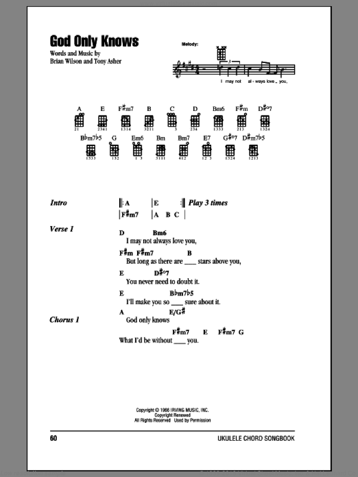 God Only Knows sheet music for ukulele (chords) by The Beach Boys, Brian Wilson and Tony Asher, intermediate skill level