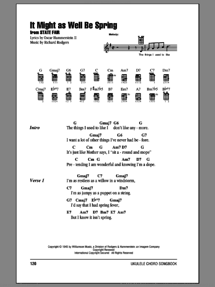 It Might As Well Be Spring sheet music for ukulele (chords) by Rodgers & Hammerstein, Oscar II Hammerstein and Richard Rodgers, intermediate skill level