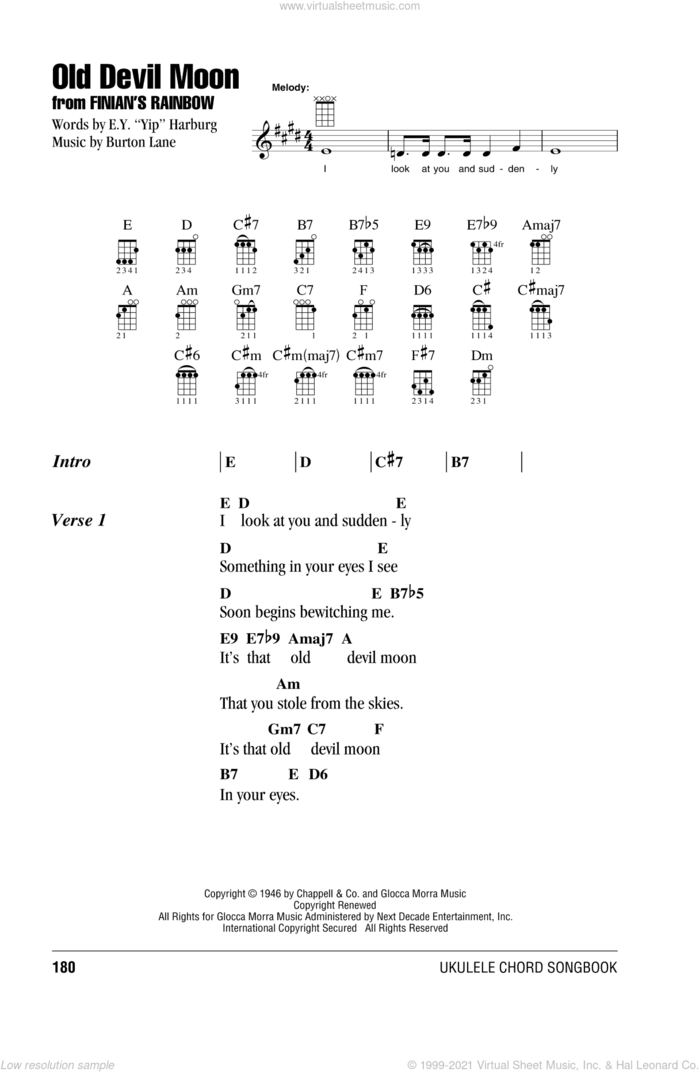 Old Devil Moon sheet music for ukulele (chords) by Burton Lane, E.Y. Harburg and Frank Sinatra, intermediate skill level