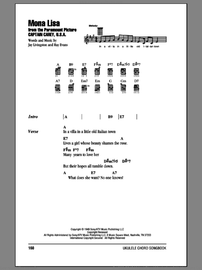 Mona Lisa sheet music for ukulele (chords) by Nat King Cole, intermediate skill level