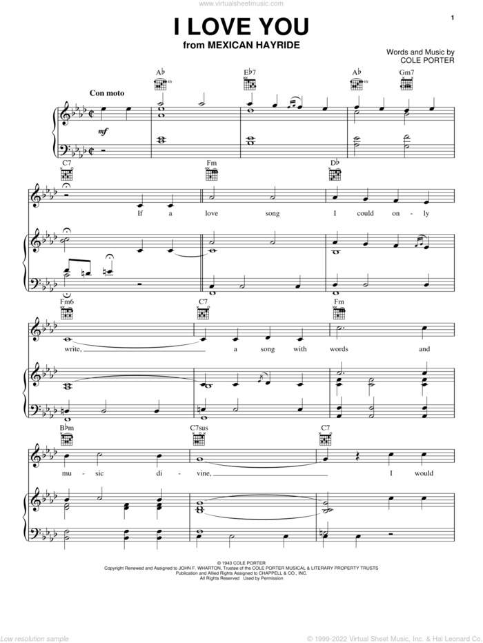I Love You sheet music for voice, piano or guitar by Cole Porter, wedding score, intermediate skill level