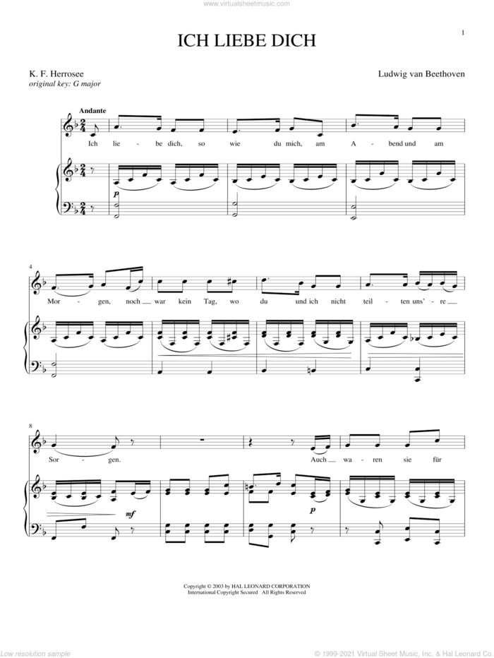 Ich Liebe Dich (I Love You) (Beethoven) sheet music for voice and piano by Ludwig van Beethoven, classical score, intermediate skill level
