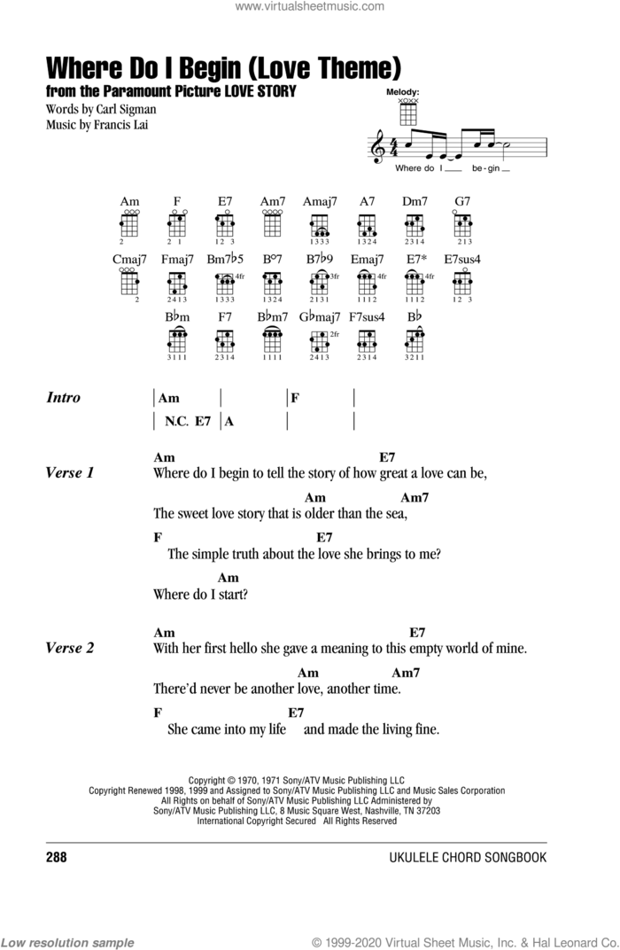 Where Do I Begin (Love Theme) sheet music for ukulele (chords) by Andy Williams, Carl Sigman and Francis Lai, intermediate skill level