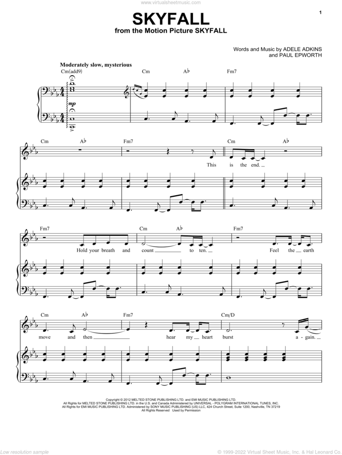 Skyfall sheet music for voice and piano by Adele, Adele Adkins and Paul Epworth, intermediate skill level
