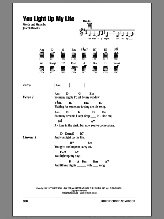 You Light Up My Life sheet music for ukulele (chords) by Debby Boone and Joseph Brooks, wedding score, intermediate skill level