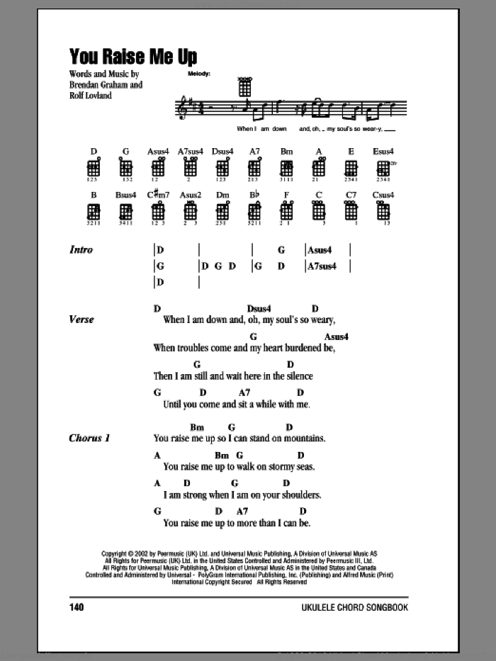 You Raise Me Up sheet music for ukulele (chords) by Josh Groban, Brendan Graham and Secret Garden, wedding score, intermediate skill level