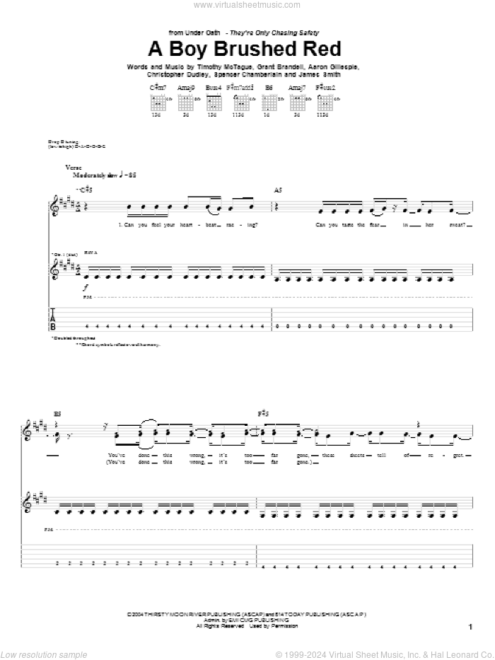 A Boy Brushed Red sheet music for guitar (tablature) by Underoath, Aaron Gillespie, Christopher Dudley, Grant Brandell, James Smith, Spencer Chamberlain and Timothy McTague, intermediate skill level