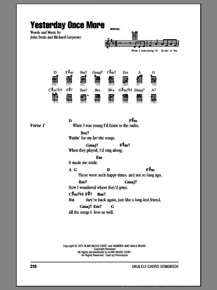 Yesterday Once More sheet music for ukulele (chords) by Carpenters, John Bettis and Richard Carpenter, intermediate skill level