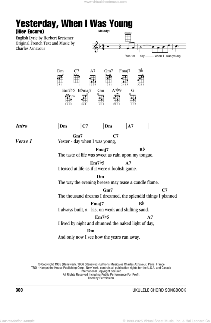 Yesterday, When I Was Young (Hier Encore) sheet music for ukulele (chords) by Roy Clark, Charles Aznavour and Herbert Kretzmer, intermediate skill level