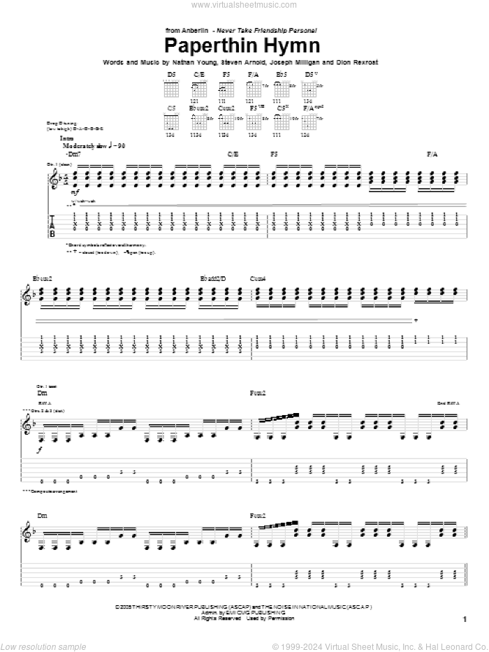 Paperthin Hymn sheet music for guitar (tablature) by Anberlin, Dion Rexroat, Joseph Milligan, Nathan Young and Steven Arnold, intermediate skill level