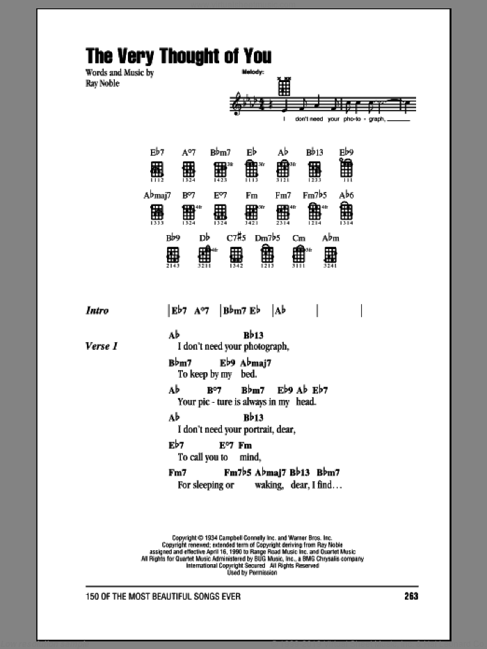 The Very Thought Of You sheet music for ukulele (chords) by Nat King Cole, Frank Sinatra, Kate Smith, Ray Conniff, Ricky Nelson and Ray Noble, intermediate skill level