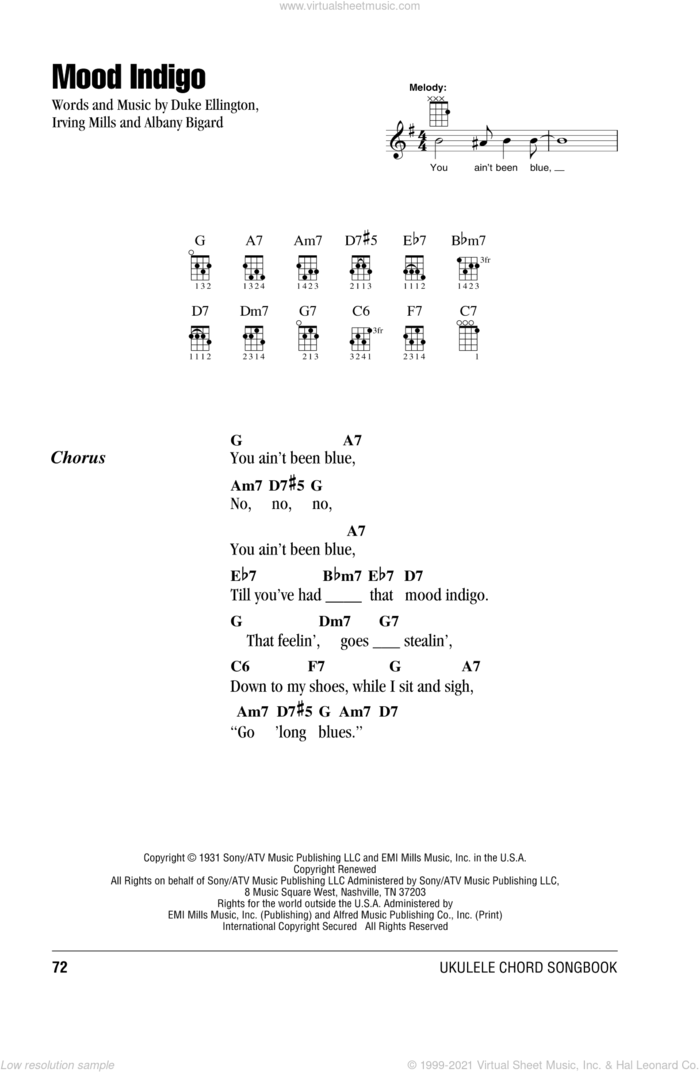 Mood Indigo sheet music for ukulele (chords) by Duke Ellington, intermediate skill level