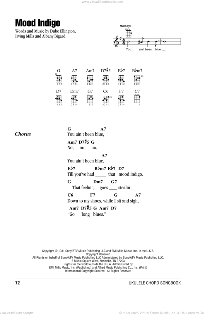 Mood Indigo sheet music for ukulele (chords) by Duke Ellington, intermediate skill level