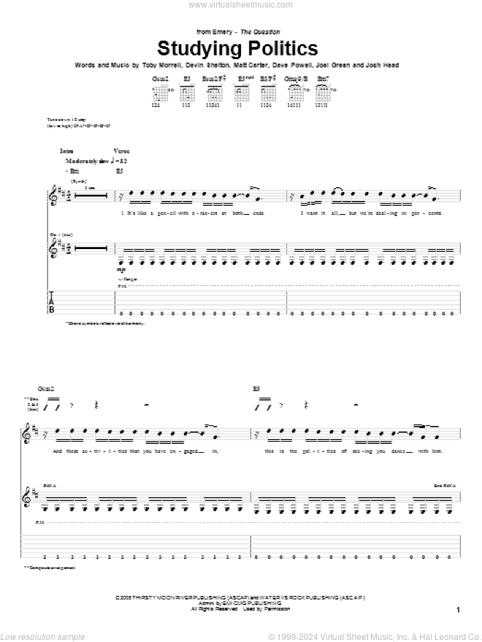 Studying Politics sheet music for guitar (tablature) by Emery, Dave Powell, Devin Shelton, Joel Green, Josh Head, Matt Carter and Toby Morrell, intermediate skill level