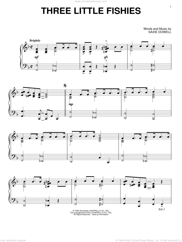 Three Little Fishies sheet music for piano solo by Saxie Dowell, intermediate skill level