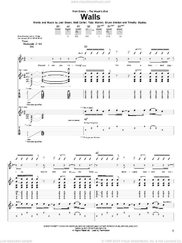 Walls sheet music for guitar (tablature) by Emery, Bryan Shelton, Joel Green, Matt Carter, Timothy Studley and Toby Morrell, intermediate skill level