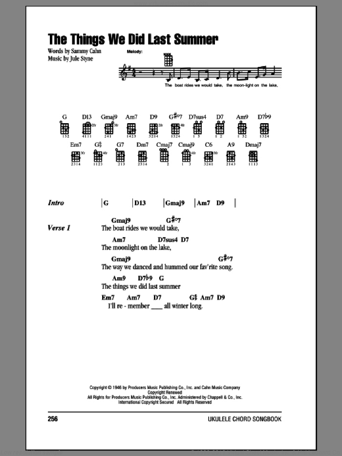 The Things We Did Last Summer sheet music for ukulele (chords) by Sammy Cahn and Jule Styne, intermediate skill level
