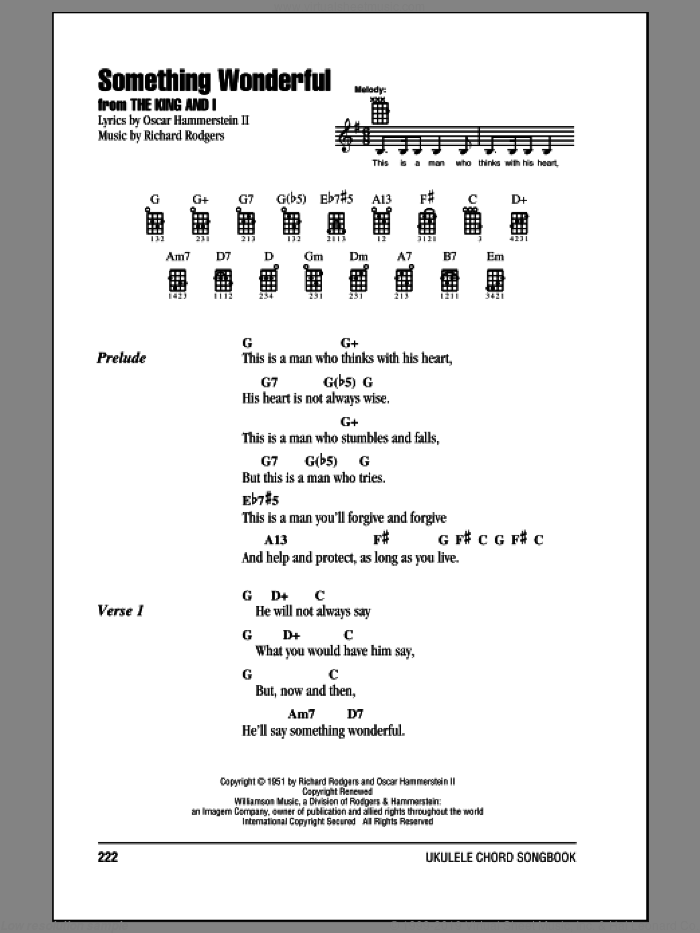 Something Wonderful sheet music for ukulele (chords) by Rodgers & Hammerstein, Oscar II Hammerstein and Richard Rodgers, intermediate skill level