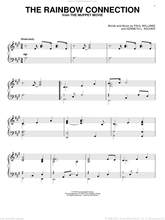 The Rainbow Connection sheet music for piano solo by Paul Williams, intermediate skill level