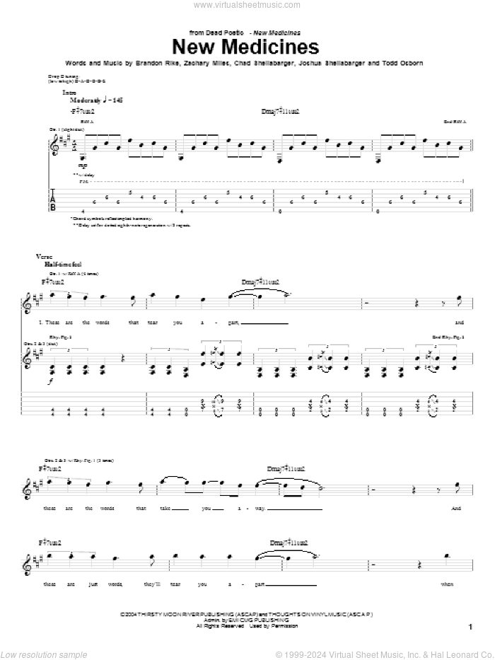 New Medicines sheet music for guitar (tablature) by Dead Poetic, Brandon Rike, Chad Shellabarger, Joshua Shellabarger, Todd Osborn and Zachary Miles, intermediate skill level