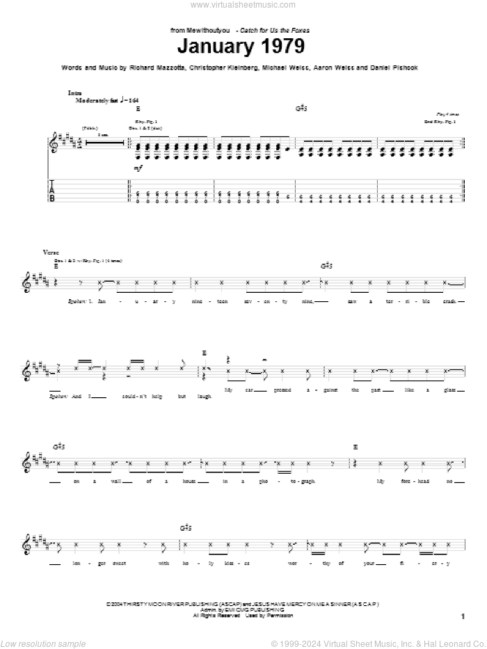 January 1979 sheet music for guitar (tablature) by MewithoutYou, Aaron Weiss, Christopher Kleinberg, Daniel Pishcok, Michael Weiss and Richard Mazzotta, intermediate skill level