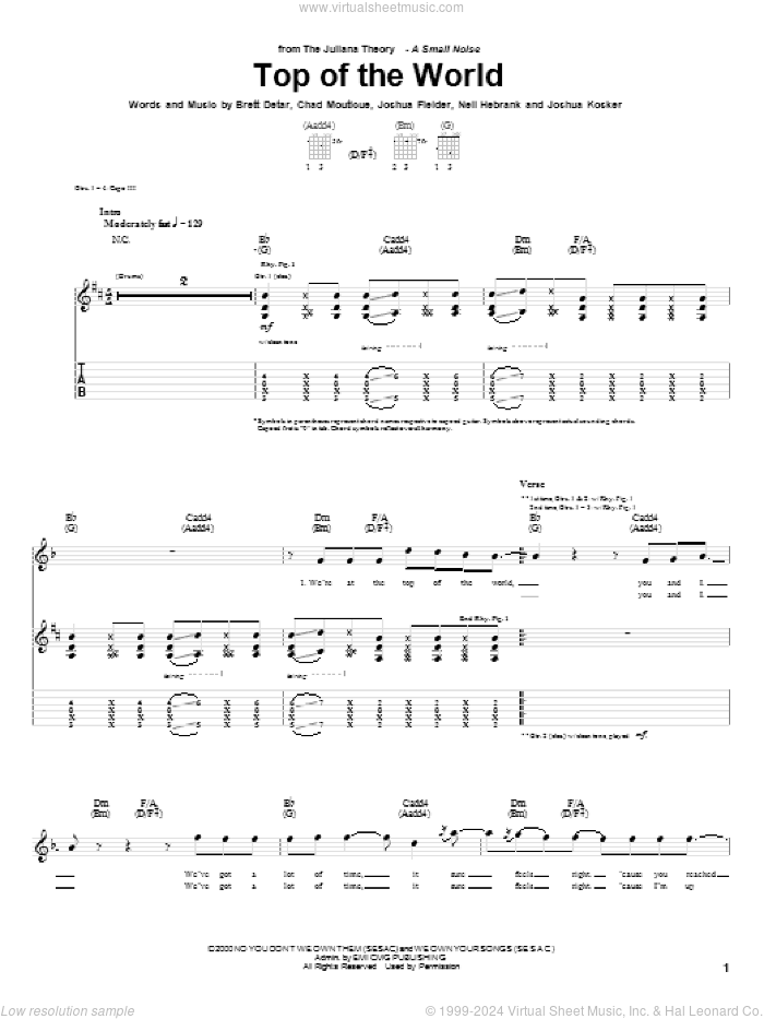 Top Of The World sheet music for guitar (tablature) by The Juliana Theory, Brett Detar, Chad Mouticue, Joshua Fielder, Joshua Kosker and Neil Hebrank, intermediate skill level