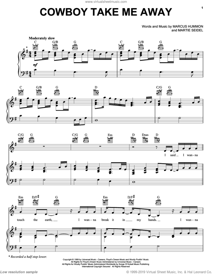 Cowboy Take Me Away sheet music for voice, piano or guitar by The Chicks, Dixie Chicks, Marcus Hummon and Martie Seidel, intermediate skill level