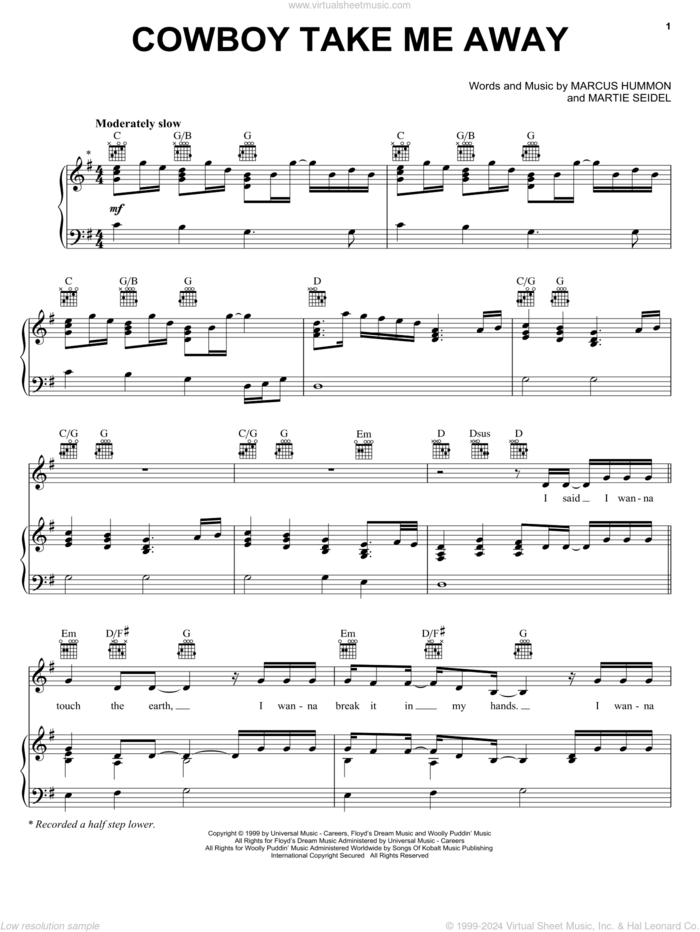 Cowboy Take Me Away sheet music for voice, piano or guitar by The Chicks, Dixie Chicks, Marcus Hummon and Martie Seidel, intermediate skill level