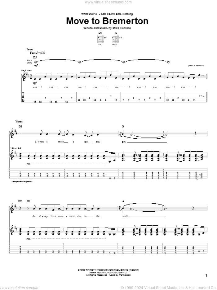 Move To Bremerton sheet music for guitar (tablature) by MxPx and Mike Herrera, intermediate skill level