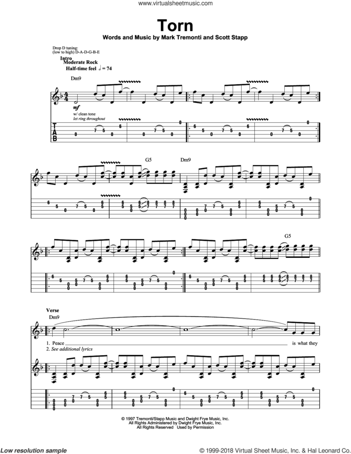 Torn sheet music for guitar (tablature, play-along) by Creed, intermediate skill level