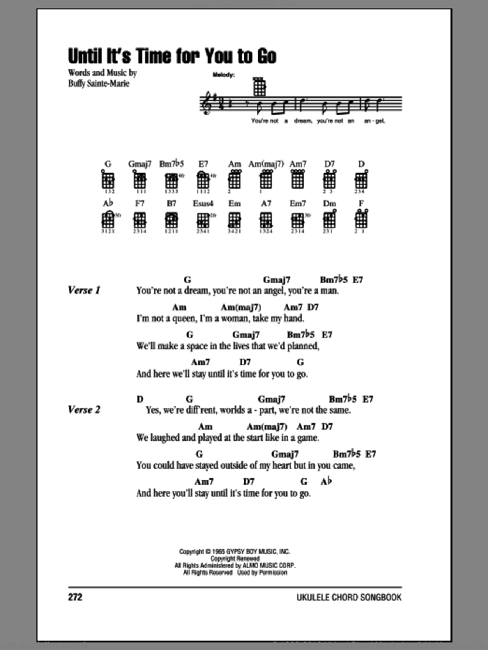 Until It's Time For You To Go sheet music for ukulele (chords) by Buffy Sainte-Marie, Elvis Presley, Neil Diamond and New Birth, intermediate skill level