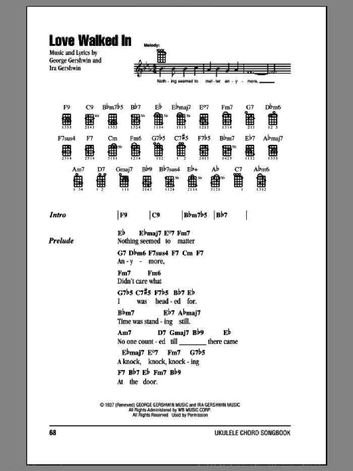 Love Walked In sheet music for ukulele (chords) by George Gershwin and Ira Gershwin, intermediate skill level